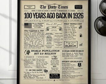 100th Birthday Gift Newspaper Sign 1926 Year in Review | Digital or Printed