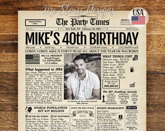 40th Birthday Newspaper Poster, 40th Birthday Gift for Him or Her, 40th Birthday Decorations, Gifts for Men, Gifts for Women, Back in 1984