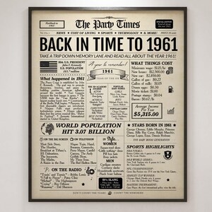 1961 Newspaper Birthday Poster | 65th Birthday Gift (Digital or Printed)