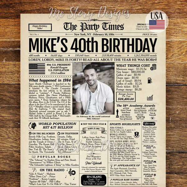 40th Birthday Newspaper Poster, 40th Birthday Gift for Him or Her, 40th Birthday Decorations, Gifts for Men, Gifts for Women, Back in 1984