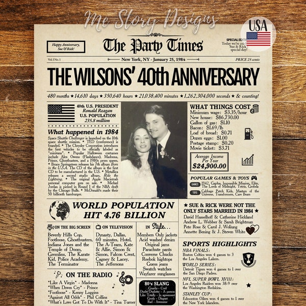 40th Anniversary Gift for Parents, Back in 1984 Newspaper Poster Sign, 40th Wedding Anniversary Gift for Couples, 1984 Highlights