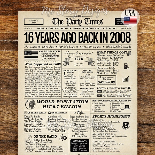 16th Birthday Newspaper Sign, Sweet 16 Gift, 16th Birthday Gift for Girls and Boys, Sweet Sixteen Gift, 16 Years Ago Back in 2008 Poster