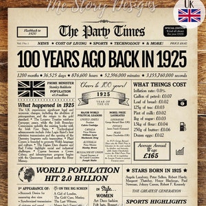 Regalo del centenario en el Reino Unido de 1925 / Letrero de periódico de 1925 / Póster de cumpleaños británico de 1925 / Decoración del centenario