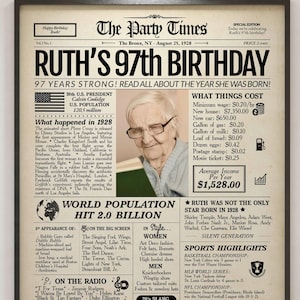 97 歳の誕生日プレゼント | パーソナライズされた 1928 年誕生日ジャーナル新聞ポスター | 1928 年を振り返る誕生日パーティーの装飾 | The Party Times