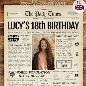 Cartel de 18 cumpleaños 2007 en periódico británico / Regalo de 18 cumpleaños para niñas y niños / Lo más destacado de BRITÁNICO en 2007