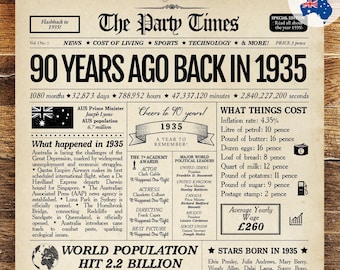 1935 AUSTRALIA, 90th Birthday Newspaper Print Australian, AU 1935 Birthday Poster, 90 Years Ago Back in 1935 Print Aussie