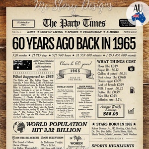 1965 AUSTRALIA Impresión de periódico del 60.° cumpleaños australiano, regalo del 60.° cumpleaños, póster de cumpleaños de 1965 Hace 60 años en Australia en 1965