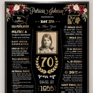 Regalo de 70 cumpleaños para mujeres u hombres, cartel de cumpleaños floral de 1955, decoración de 70 cumpleaños