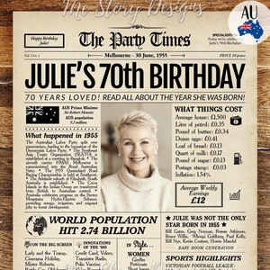 Periódico del 70.° cumpleaños de Australia, regalo de cumpleaños de 1955, letrero de 1955, decoración del 70.° cumpleaños, regalo para abuela o abuelo