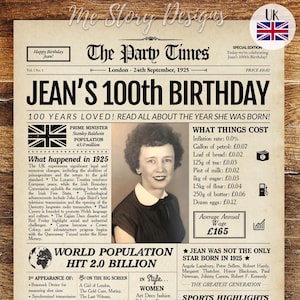 Affiche de journal britannique de 1925, cadeau de 100e anniversaire, signe de retour en 1925, faits BRITANNIQUES, journal de 100 anniversaires, né en 1925, Royaume-Uni