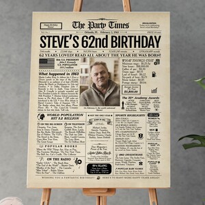 Affiche de journal du 62e anniversaire | Cadeau pour son 62e anniversaire | Idées de décoration pour votre 62e anniversaire | Retour en 1963 Faits saillants
