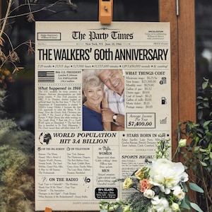 Pu&ograve; includere: Una stampa di giornale commemorativo intitolata The Party Times, datata 20 giugno 1966, con il titolo The Walkers' 60th Anniversary. Include una fotografia di una coppia sorridente, fatti storici, curiosit&agrave; del 1966 e statistiche sui costi.