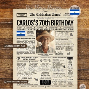 Póster de periódico de regalo de cumpleaños personalizado de EL SALVADOR - Versión salvadoreña - CUALQUIER año - Idea de regalo única - Letrero de cumpleaños personalizado