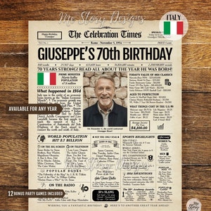 Póster de periódico personalizado con el texto "ITALIA", regalo de cumpleaños, versión italiana, CUALQUIER año, idea de regalo única, letrero de cumpleaños personalizado