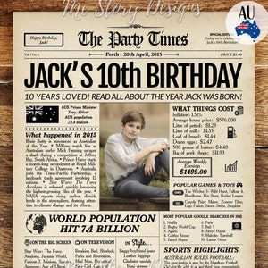 10th Birthday Newspaper Sign AUSTRALIAN | 10th Birthday Gift | Born in 2015 Birthday Poster Decor