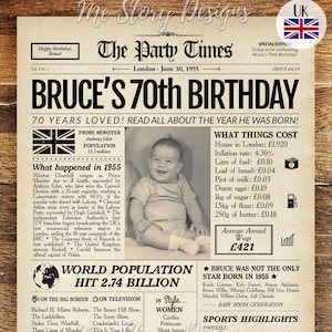 Periódico del 70.º cumpleaños de 1955 en el Reino Unido, regalo del 70.º cumpleaños para hombres y mujeres, póster del periódico de 1955, datos británicos de hace 70 años en 1955