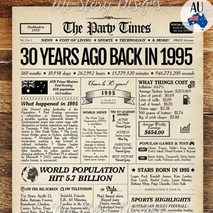Periódico australiano del 30.° cumpleaños de 1995, regalo del 30.° cumpleaños, póster de cumpleaños de 1995 hace 30 años en 1995, 30.° aniversario