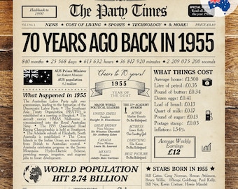 1955 AUSTRALIA 70th Birthday Newspaper Print Australian, 70th Birthday Gift, 1955 Birthday Poster 70 Years Ago Back in 1955 Print Aussie