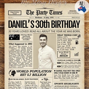 Periódico de cumpleaños número 30 de Australia 1995, regalo de cumpleaños número 30, letrero de regreso a 1995, decoración de cumpleaños número 30 para hombres o mujeres