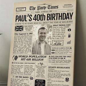 Geschenk zum 40 Geburtstag für Männer und Frauen | 1985 Zeitungsposter UK | BRITISCHE Version | Vor 40 Jahren Damals im Jahr 1985