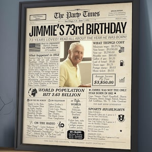 73rd Birthday Newspaper Sign Back in 1952 Poster | 73rd Birthday Gift for Men and Women | 1952 Birthday Poster | 73 years ago back in 1952
