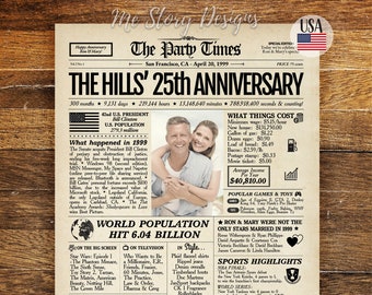 25th Anniversary Gift, 25th Wedding Anniversary Couple Gift, Back in 1999 Newspaper Poster Sign, Silver Anniversary, 1999 Highlights