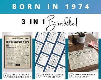 50th Birthday Born in 1974, 3 in 1 BUNDLE, 50th Birthday Poster, Newspaper Placemat, 22 Birthday Games, 50th Birthday Party Printables