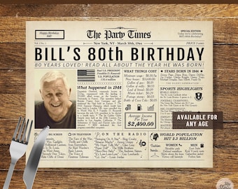 Personalized Birthday Placemat Newspaper ANY AGE, Custom Placemat Printable, Digital Placemat