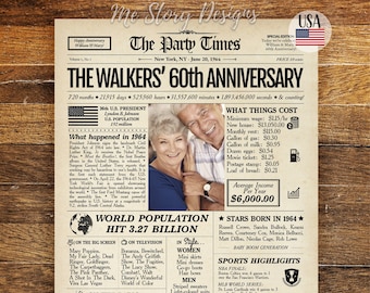 60th Anniversary Gift for Parents, 60th Wedding Anniversary Gift, Back in 1964 Newspaper Poster Sign, Diamond Anniversary