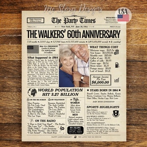 60th Anniversary Gift for Parents, 60th Wedding Anniversary Gift, Back in 1964 Newspaper Poster Sign, Diamond Anniversary