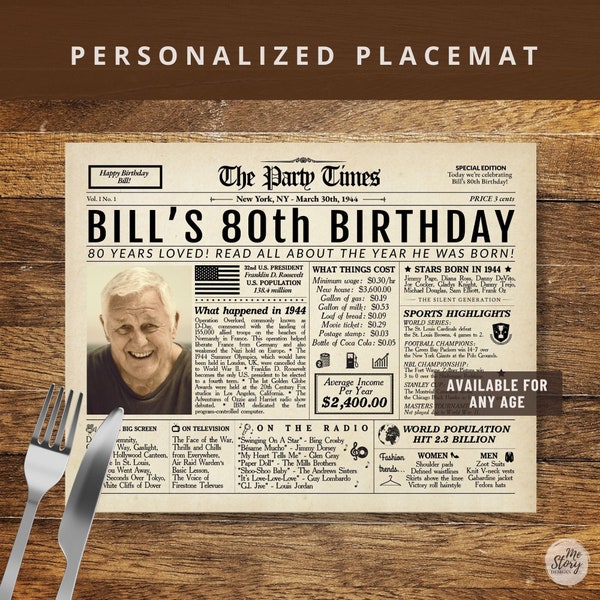 Personalized Birthday Placemat Newspaper ANY AGE, Custom Placemat Printable, Digital Placemat