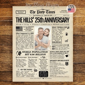 25th Anniversary Gift, 25th Wedding Anniversary Couple Gift, Back in 1999 Newspaper Poster Sign, Silver Anniversary, 1999 Highlights