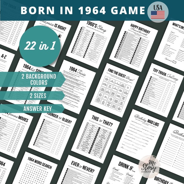 60th Birthday Games, Born in 1964 GAME, 1964 Trivia Game, 1964 Quiz, 22 in 1 BUNDLE, Back in 1964 PRINTABLE