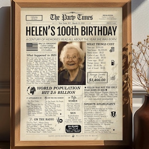 Regalo de cumpleaños número 100 / Regalo personalizado para la abuela o el abuelo / Cartel de periódico de 1925 / Hace 100 años, en 1925