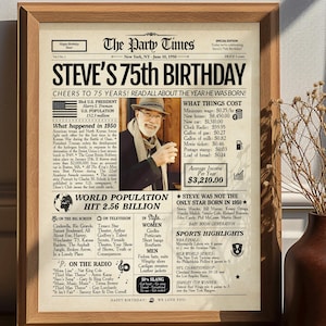 Regalo de 75 cumpleaños para mujeres y hombres / Letrero de periódico personalizado para 75 cumpleaños / En 1950