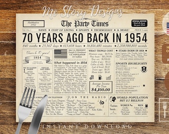 70th birthday placemat, 70th birthday party decoration, 70 years ago back in 1954 newspaper landscape horizontal, 1954 placemat