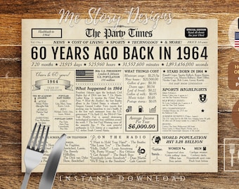 60th Birthday Placemat | 60 Years Ago Back in 1964 Newspaper Landscape Horizontal | 1964 Placemat