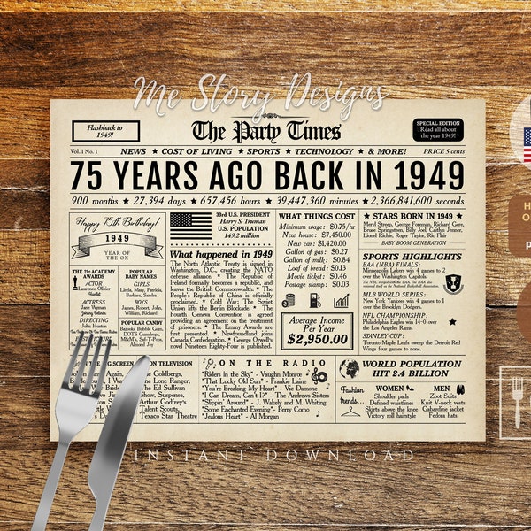 75th Birthday Placemat, 75 Years Ago Back in 1949 Newspaper Landscape Horizontal, 1949 Placemat