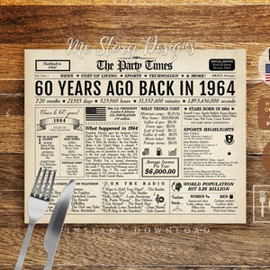60th Birthday Placemat 60 Years Ago Back in 1964 Newspaper Landscape ...