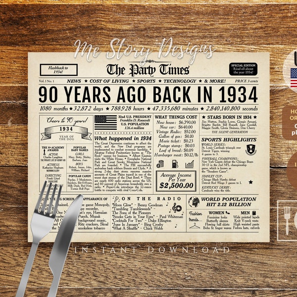 90th Birthday Placemat, 90 Years Ago Back in 1934 Newspaper Landscape Horizontal, 1934 Placemat