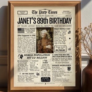 89th Birthday Newspaper Poster Sign | Gift for Elderly Men or Women | Born in 1936 | ANY YEAR | Gift for Grandma or Grandpa