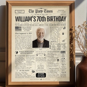 Cadeau pour 70e anniversaire pour homme ou femme | Poster de journal personnalisé | Décorations pour 70e anniversaire | Idée cadeau pour 70e anniversaire