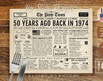50th birthday placemat, 50th birthday party decoration, 50 years ago back in 1974 newspaper landscape horizontal, 1974 placemat