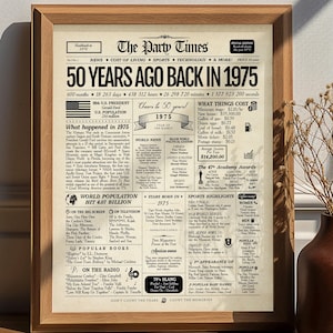 50th Birthday Newspaper Sign 1975, 50th Birthday Gift for Men or Women, Back in 1975, 50th Birthday Decorations, Gift for Him, Gift for Her