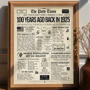 Cartello del giornale per il 100° compleanno / Regalo per il 100° compleanno / Poster del compleanno del 1925 / 100 anni fa nel 1925 / Decorazione per il 100° compleanno