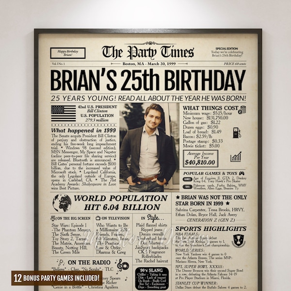 25th Birthday Gift for Her or Him, 25th Birthday Newspaper Poster Sign Back in 1999, 25th Birthday Decorations