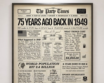 Panneau de journal du 75e anniversaire, cadeau du 75e anniversaire pour hommes ou femmes, il y a 75 ans en 1949, affiche, décoration du 75e anniversaire