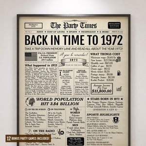Back in 1972 Newspaper Sign, 53rd Birthday Gift, 53rd Anniversary, Back in Time to 1972 Poster, The Party Times, The Year You Were Born