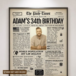 34th Birthday Gift for Him or Her, 1990 Newspaper Poster Sign, 34th Birthday Idea, 34th Party Decoration, Back in 1990