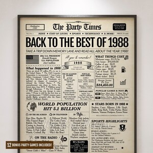 1988 年新聞ポスター サイン | 37 歳の誕生日プレゼント | 37 周年記念プレゼント | 1988 年誕生日ポスター